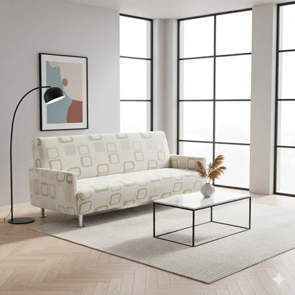 Salon moderne avec canapé beige à motifs géométriques, table basse minimaliste, grande baie vitrée