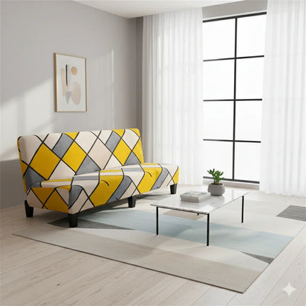 Canapé géométrique jaune et gris dans salon moderne lumineux, grande fenêtre, table basse design