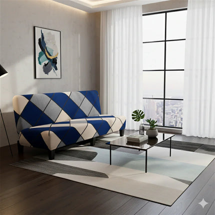 Salon moderne avec canapé bleu à motifs losanges, grande fenêtre et table basse design.