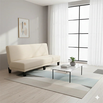 Salon moderne avec canapé beige, table basse en marbre, grande fenêtre et décoration minimaliste