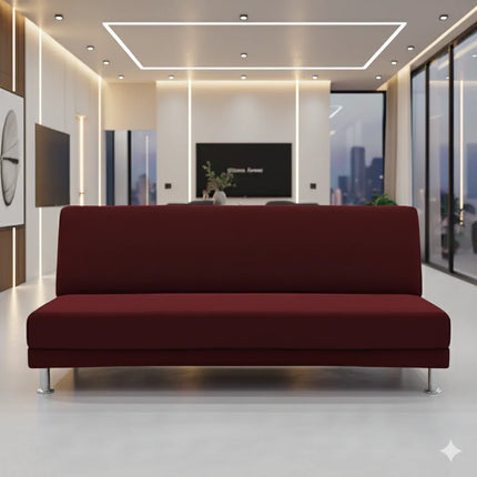 Canapé moderne bordeaux dans salon lumineux avec baies vitrées et déco contemporaine