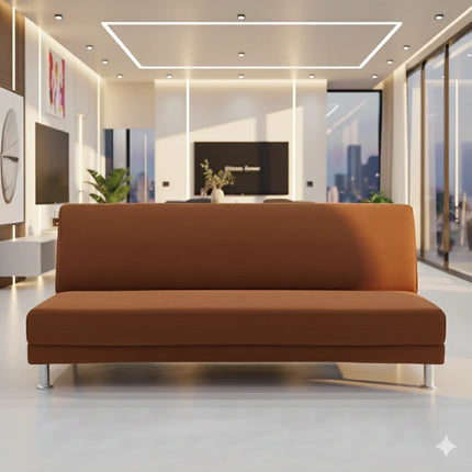 Canapé moderne marron dans un salon lumineux au décor contemporain avec baies vitrées