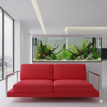 Canapé rouge moderne devant un grand aquarium décoratif dans un salon lumineux