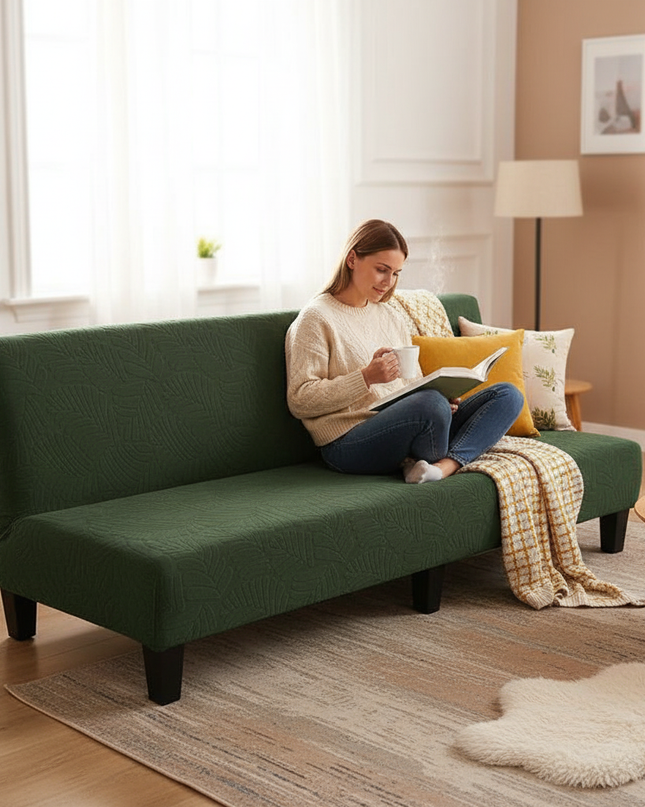 Housse de clic clac extensible vert motifs feuilles – Protection canapé convertible – Photo Variation 6
