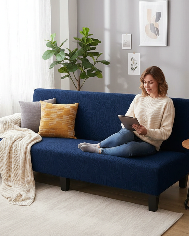 Housse de clic clac bleu marine motifs extensible – Protection canapé convertible – Photo Variation 6