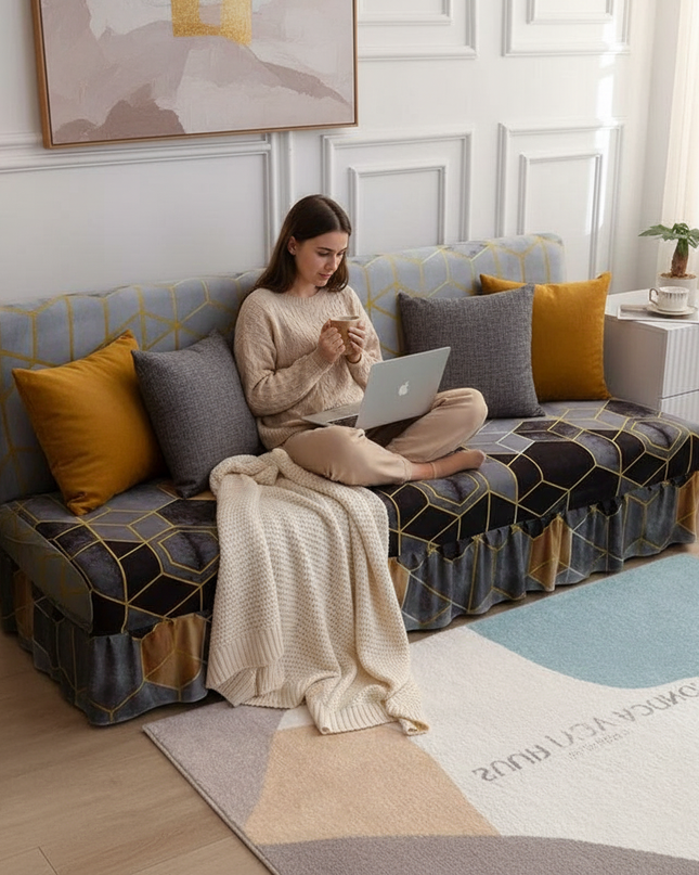 Housse de clic clac géométrique gris doré – Protection canapé convertible – Photo Variation 6