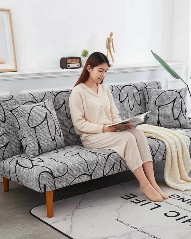 Housse de clic clac gris motifs floraux – Protection canapé convertible – Photo Variation 6
