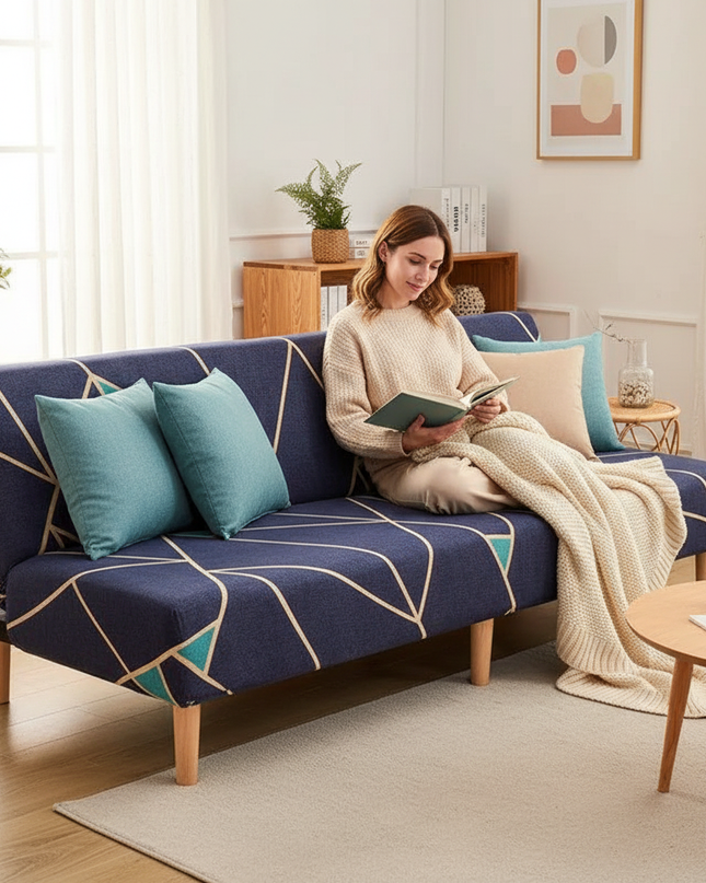 Housse de clic clac géométrique bleue stretch – Protection canapé convertible – Photo Variation 6