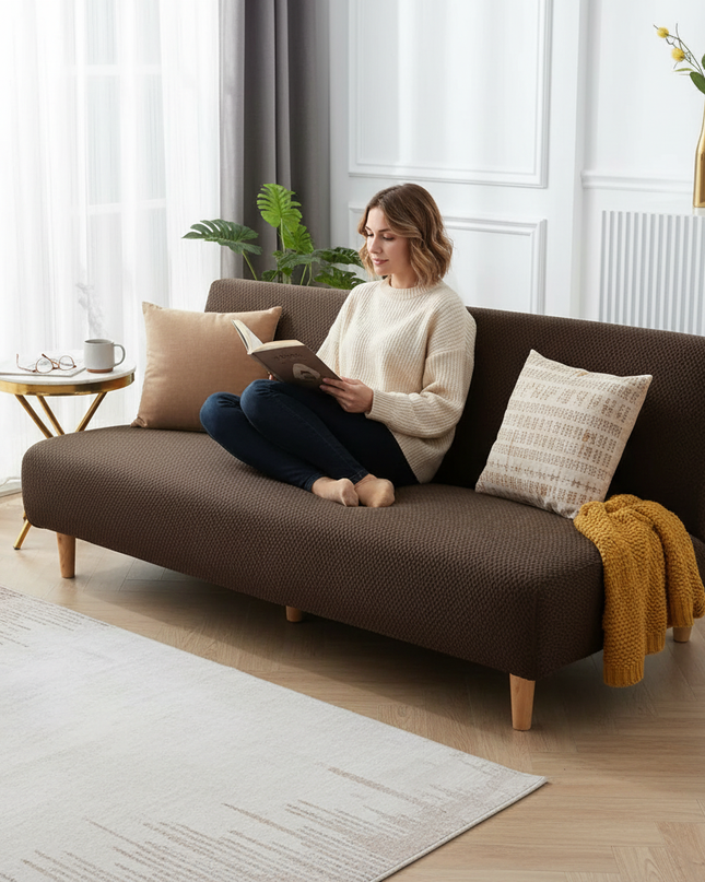 Housse de clic clac marron jacquard extensible – Protection canapé convertible – Photo Variation 6