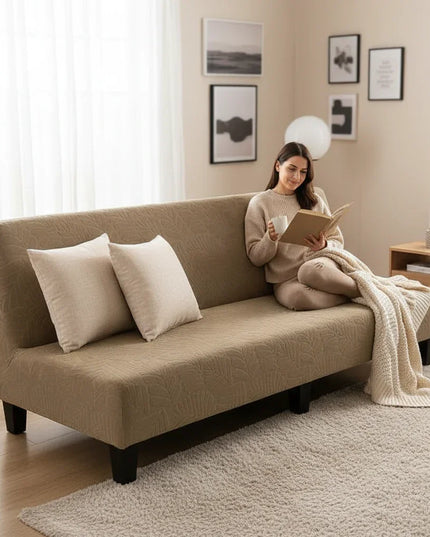 Housse de clic clac beige stretch feuillage – Protection canapé convertible – Photo Variation 6