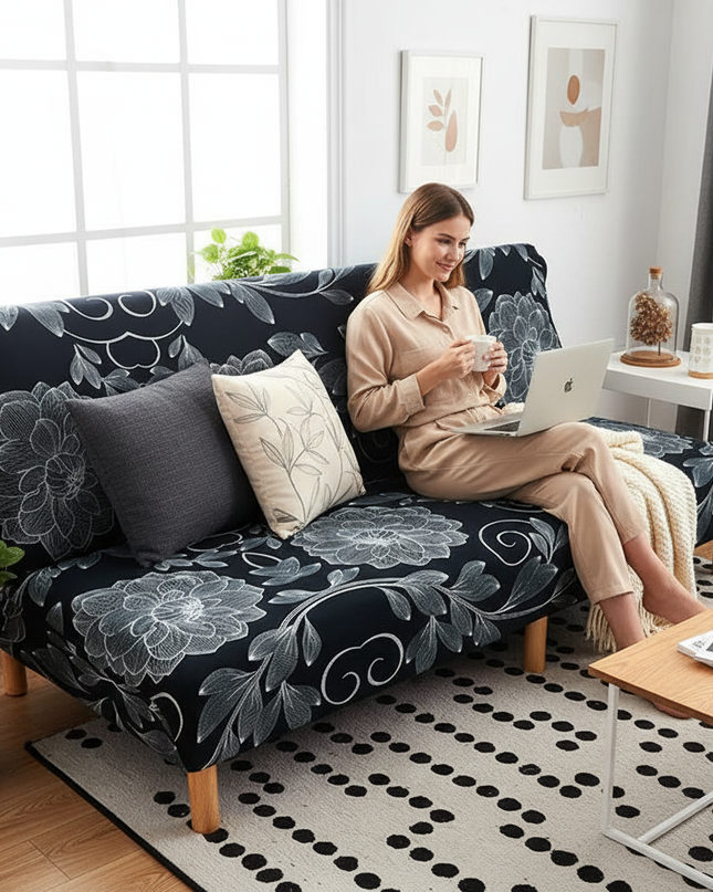 Housse de clic clac noire fleurs blanches – Protection canapé convertible – Photo Variation 6