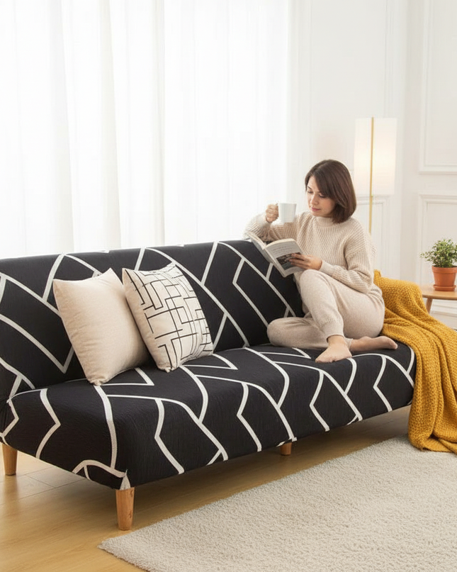 Housse de clic clac noire motifs géométriques – Protection canapé convertible – Photo Variation 6