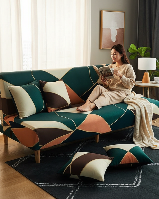 Housse de clic clac géométrique verte moderne. – Protection canapé convertible – Photo Variation 6