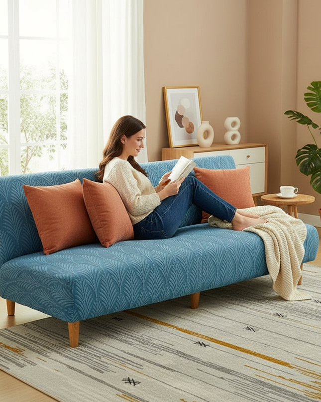Housse de clic clac bleu canard feuilles – Protection canapé convertible – Photo Variation 6