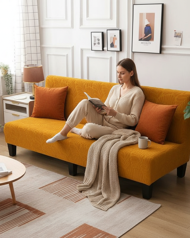 Housse de clic clac ocre jacquard feuilles – Protection canapé convertible – Photo Variation 6