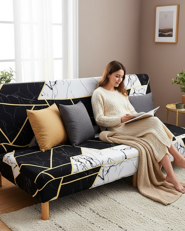 Housse de clic clac Géométrique Marbre Noir – Protection canapé convertible – Photo Variation 6