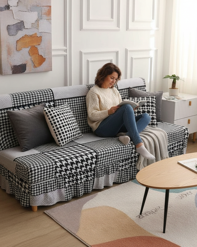 Housse de clic clac pied-de-poule jupe extensible. – Protection canapé convertible – Photo Variation 6