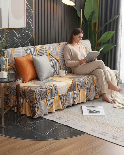 Housse de clic clac imprimé feuilles jupe jaune – Protection canapé convertible – Photo Variation 6