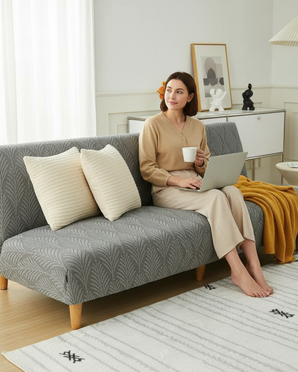 Housse de clic clac grise jacquard feuilles – Protection canapé convertible – Photo Variation 6