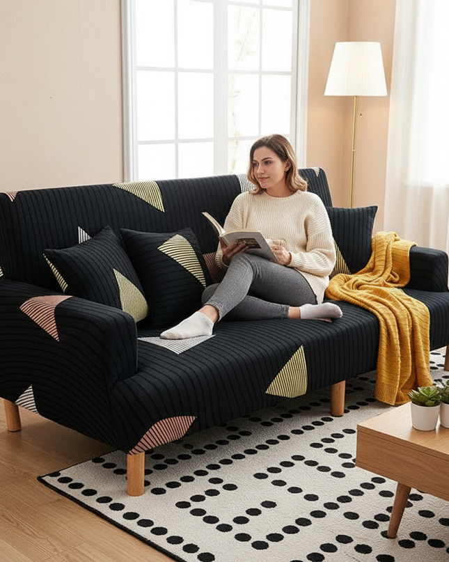 Housse de clic clac géométrique noire triangles – Protection canapé convertible – Photo Variation 6