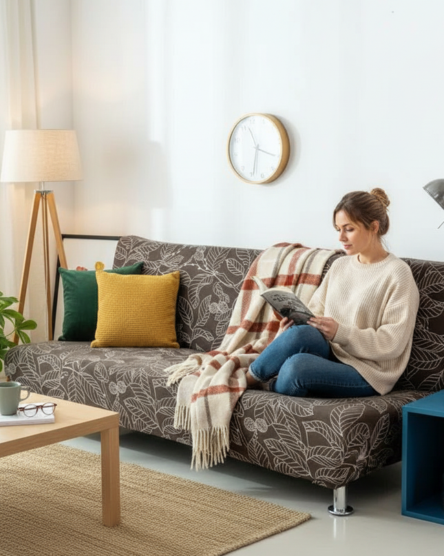 Housse de clic clac élastique marron feuilles – Protection canapé convertible – Photo Variation 6