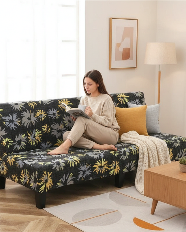 Housse de clic clac motifs fleurs jaunes – Protection canapé convertible – Photo Variation 6