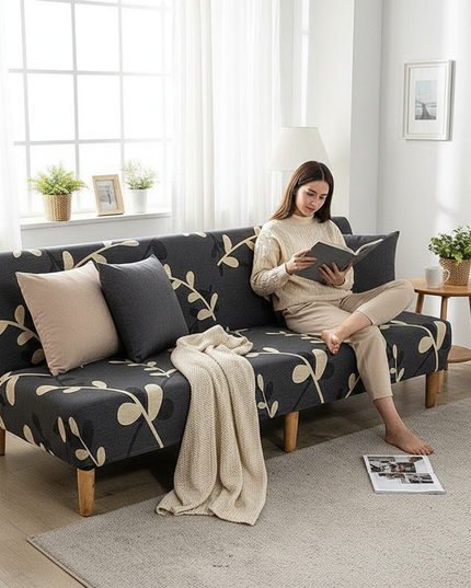 Housse de clic clac extensible feuilles grises. – Protection canapé convertible – Photo Variation 6