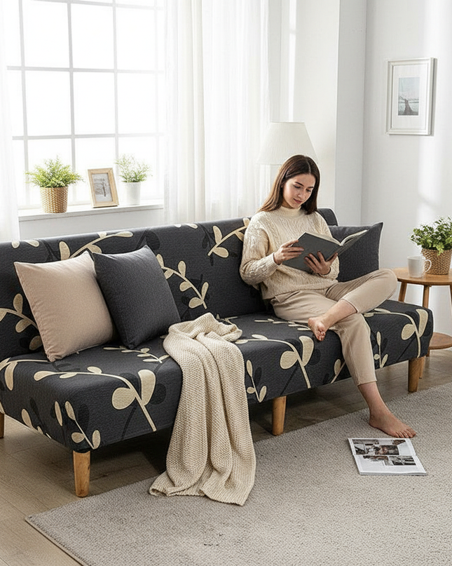 Housse de clic clac extensible feuilles grises. – Protection canapé convertible – Photo Variation 6