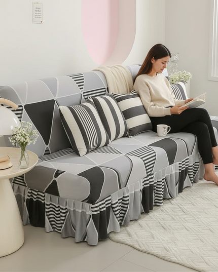 Housse de clic clac gris géométrique volants – Protection canapé convertible – Photo Variation 6