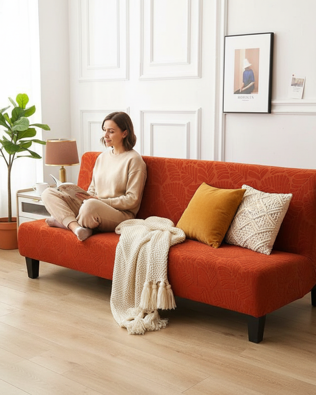 Housse de clic clac terracotta motifs feuilles – Protection canapé convertible – Photo Variation 6