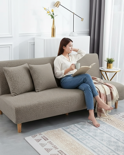 Housse de clic clac taupe jacquard extensible. – Protection canapé convertible – Photo Variation 6