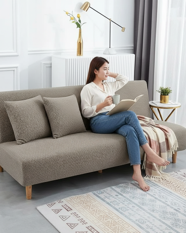 Housse de clic clac taupe jacquard extensible. – Protection canapé convertible – Photo Variation 6