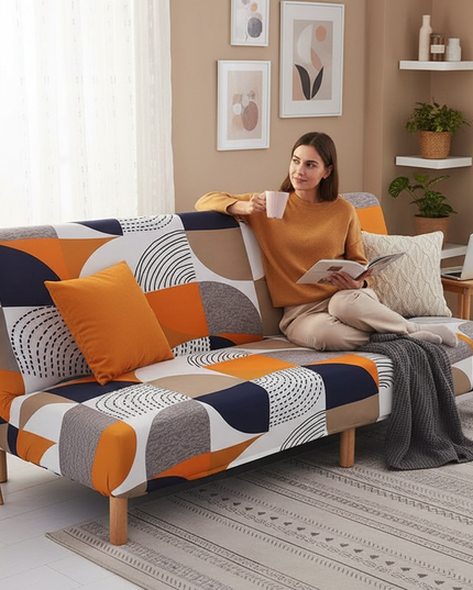 Housse de clic clac motif géométrique orange – Protection canapé convertible – Photo Variation 6
