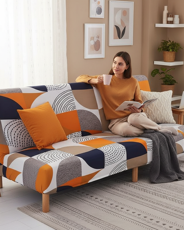 Housse de clic clac motif géométrique orange – Protection canapé convertible – Photo Variation 6