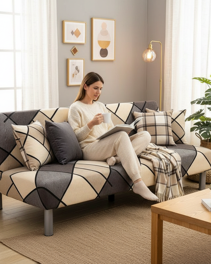 Housse de clic clac géométrique gris beige – Protection canapé convertible – Photo Variation 6