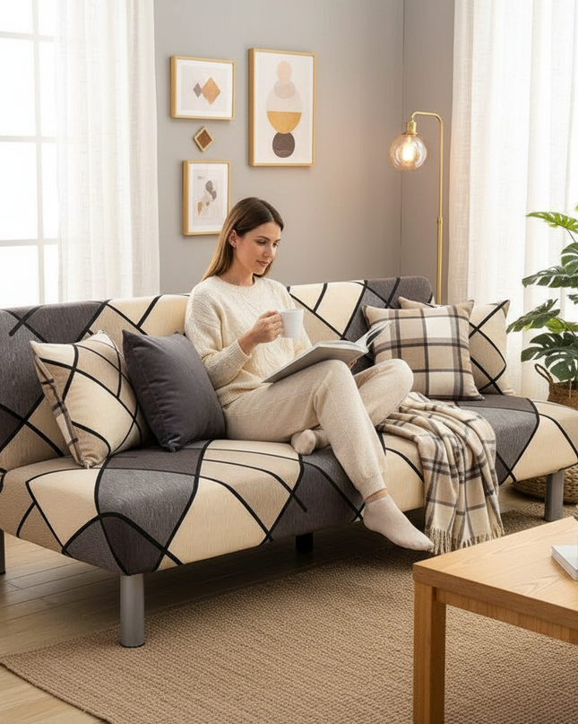 Housse de clic clac géométrique gris beige – Protection canapé convertible – Photo Variation 6
