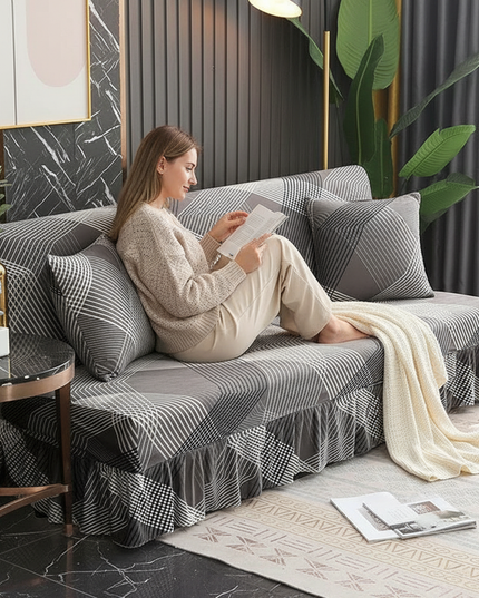 Housse de clic clac gris géométrique jupe – Protection canapé convertible – Photo Variation 6