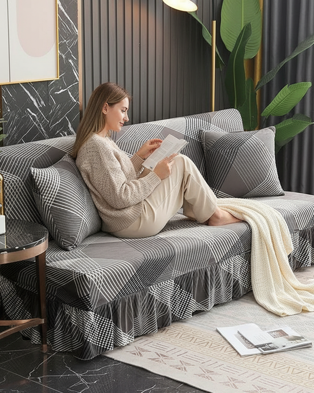 Housse de clic clac gris géométrique jupe – Protection canapé convertible – Photo Variation 6