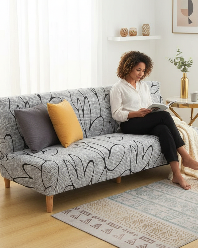 Housse de clic clac motifs gris extensible – Protection canapé convertible – Photo Variation 6