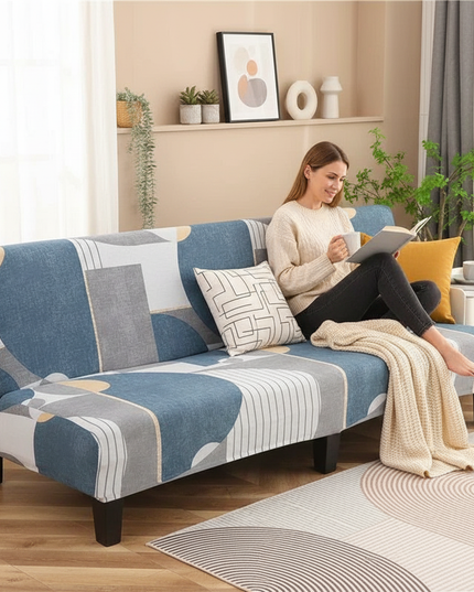 Housse de clic clac géométrique bleu gris – Protection canapé convertible – Photo Variation 6