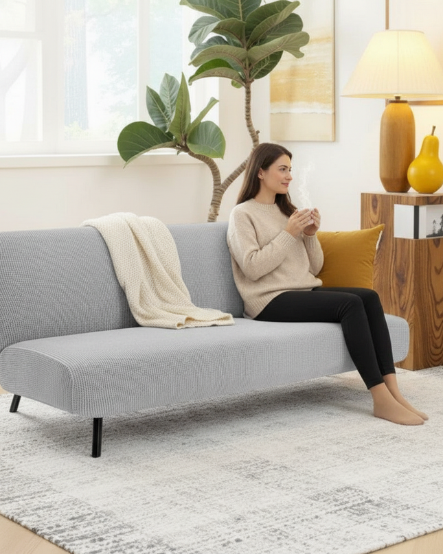 Housse de clic clac gris chiné élastique – Protection canapé convertible – Photo Variation 6