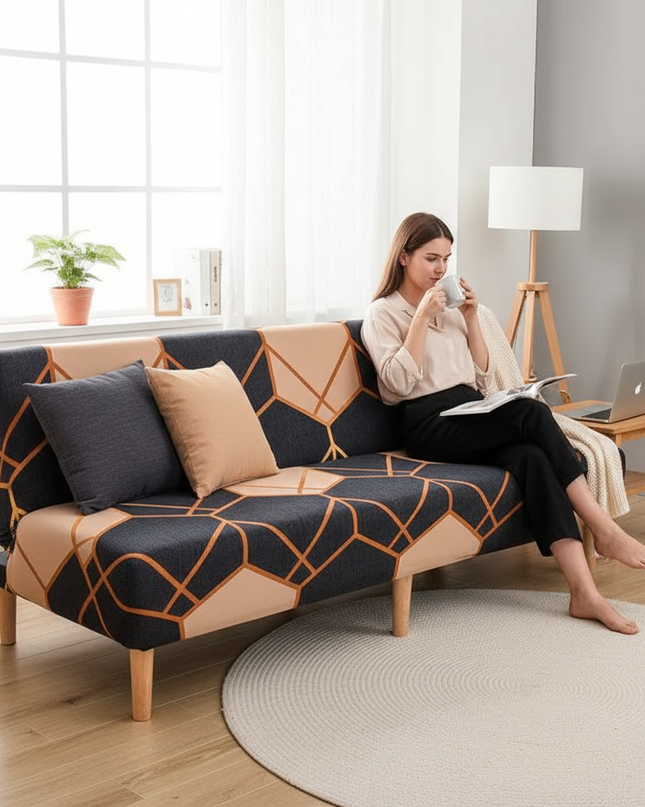 Housse de clic clac géométrique anthracite cuivre – Protection canapé convertible – Photo Variation 6