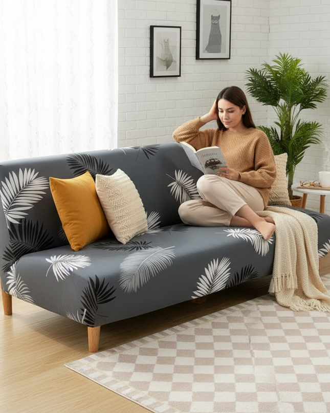 Housse de clic clac extensible gris palmier – Protection canapé convertible – Photo Variation 6