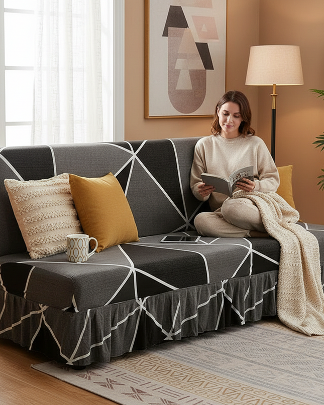 Housse de clic clac géométrique gris jupe – Protection canapé convertible – Photo Variation 6