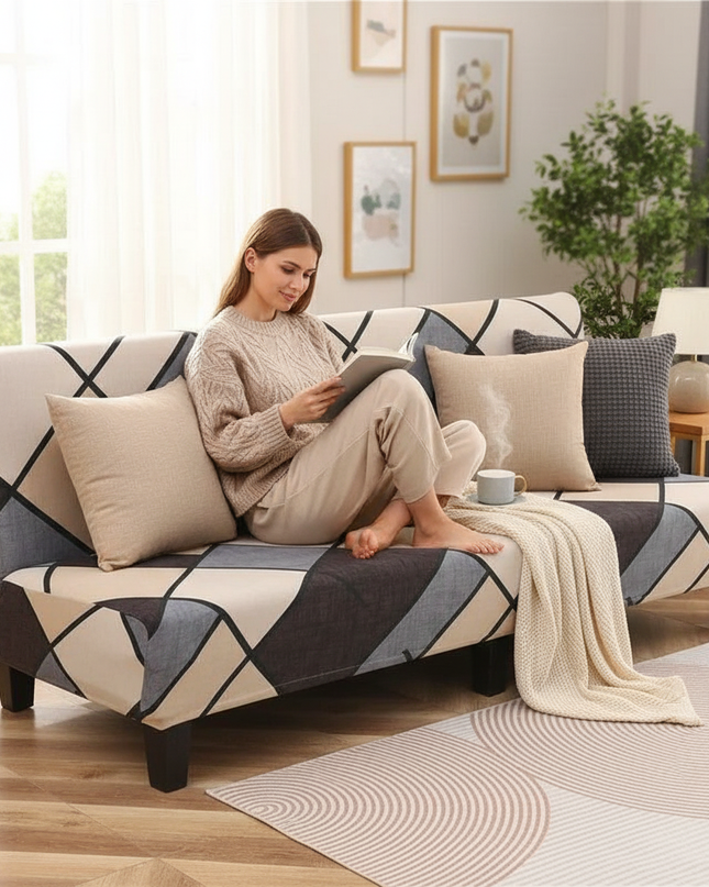 Housse de clic clac beige losanges extensible – Protection canapé convertible – Photo Variation 6