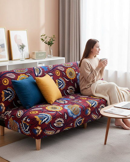 Housse de clic clac extensible bordeaux fleurie – Protection canapé convertible – Photo Variation 6
