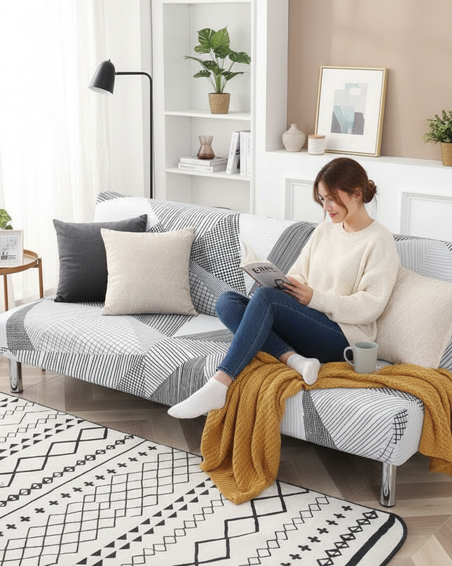 Housse de clic clac géométrique noir blanc – Protection canapé convertible – Photo Variation 6