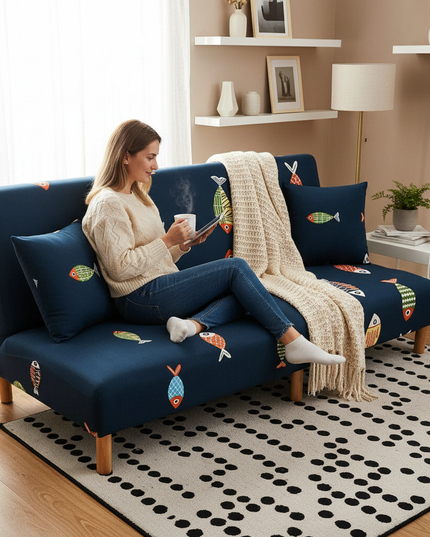 Housse de clic clac géométrique bleu jaune – Protection canapé convertible – Photo Variation 6