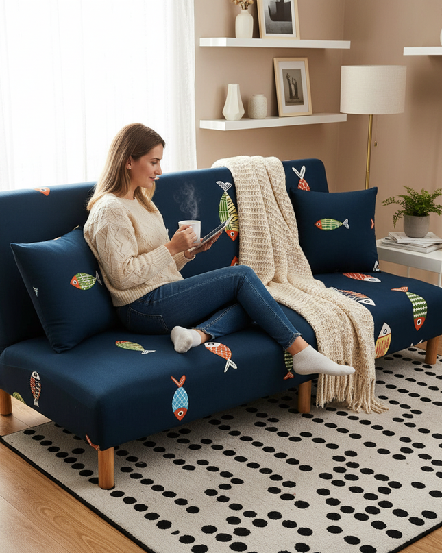 Housse de clic clac géométrique bleu jaune – Protection canapé convertible – Photo Variation 6