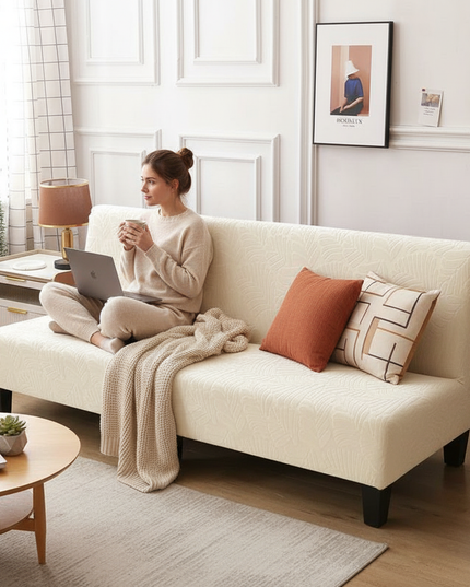 Housse de clic clac extensible crème feuilles – Protection canapé convertible – Photo Variation 6